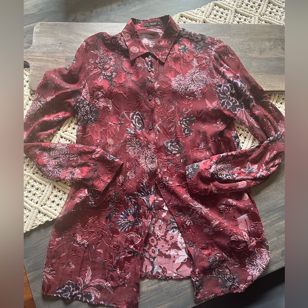 ETRO Silk Floral Button Down Shirt Semi-Sheer Wine colour Size 8 Like New - Picture 3 of 15
